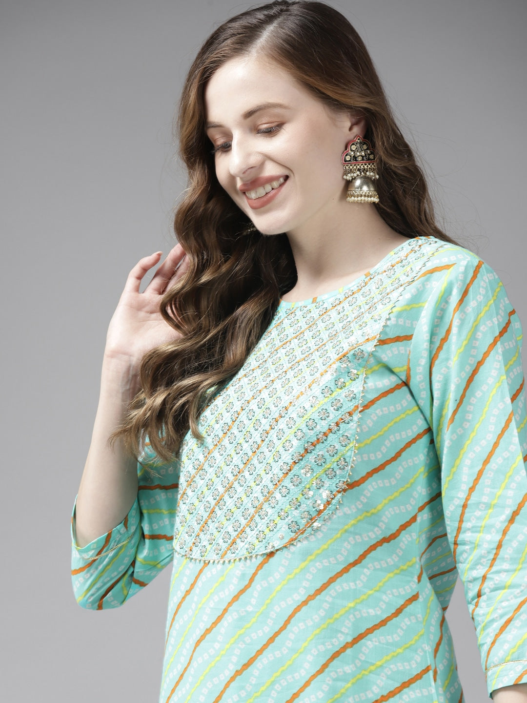 Sea Green & Offwhite Bhandhej Printed Kurta Set-Yufta Store-9325SETGRS