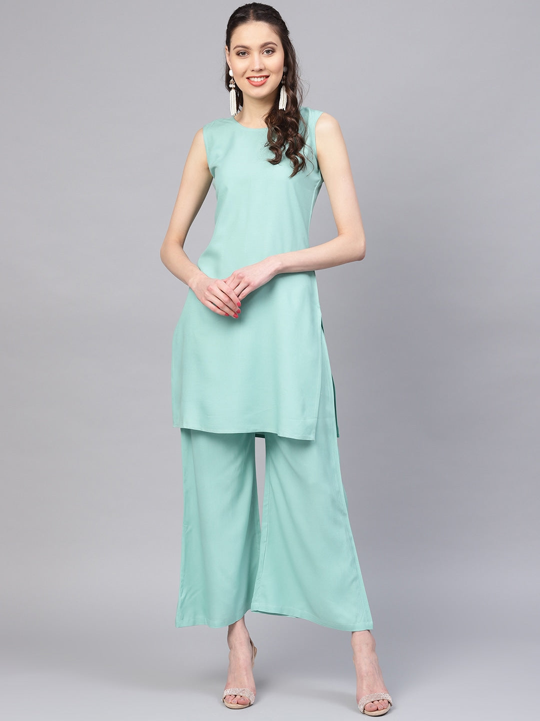 Sea Green & Orange Solid Kurta Set-Yufta Store-YUFPJSET853S