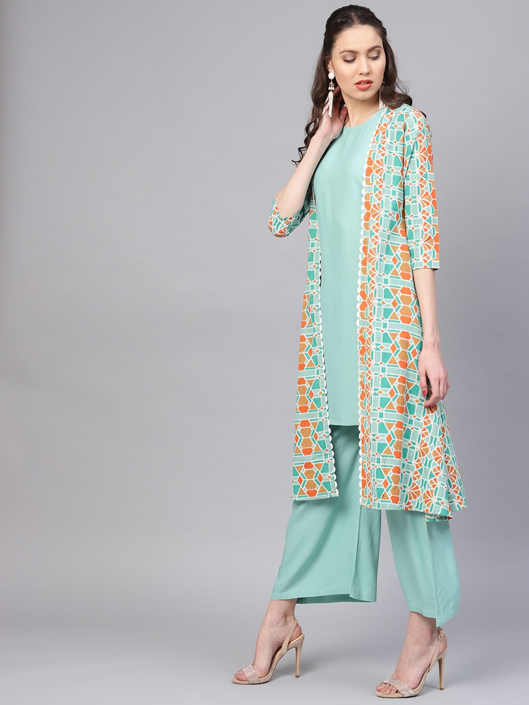 Sea Green & Orange Solid Kurta Set-Yufta Store-YUFPJSET853S