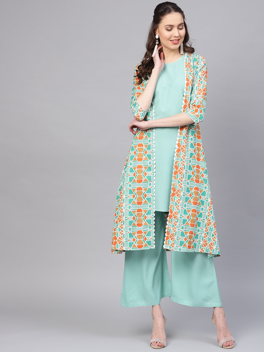 Sea Green & Orange Solid Kurta Set-Yufta Store-YUFPJSET853S