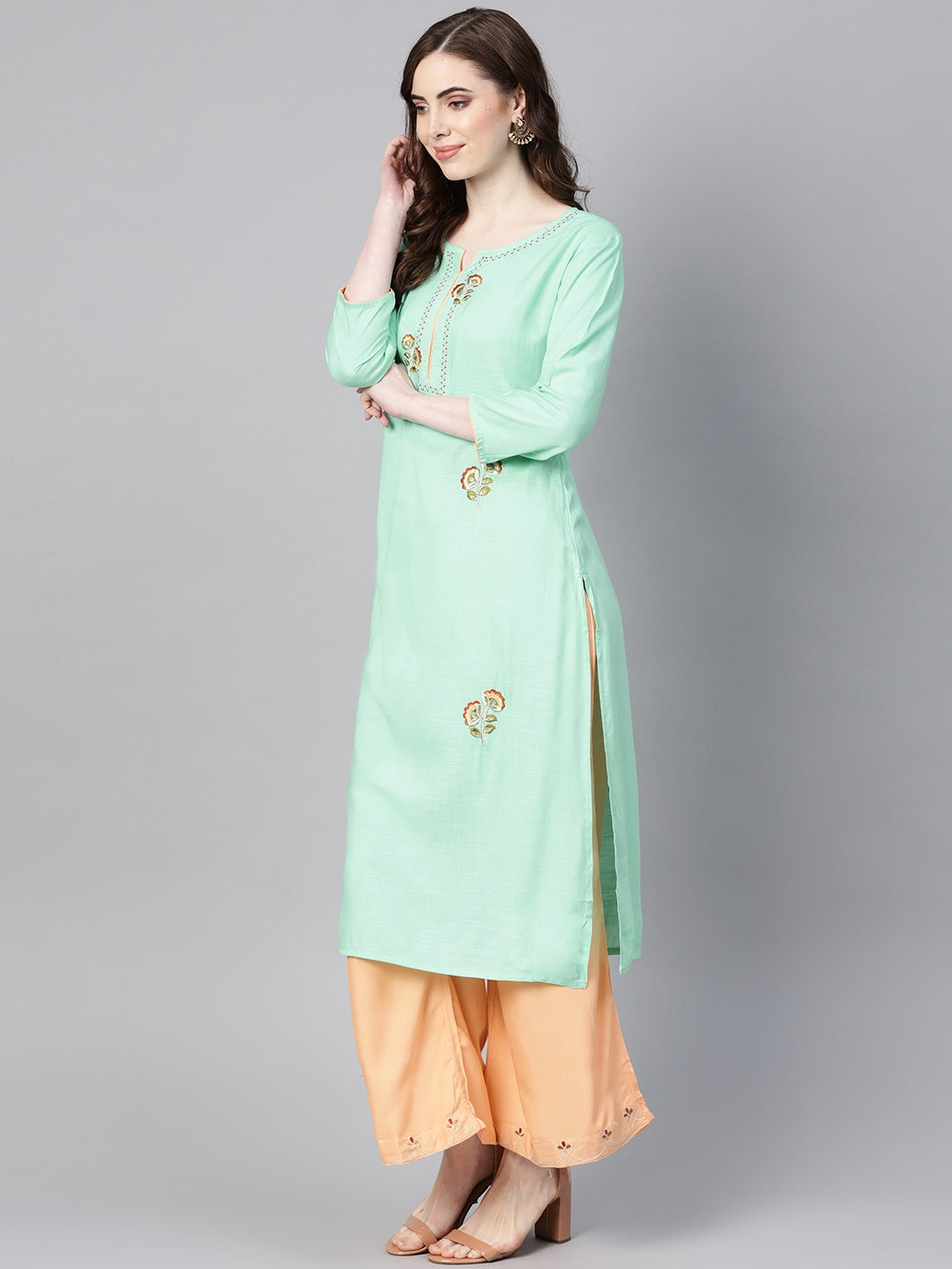 Sea Green & Peach Embroidered Kurta Set-Yufta Store-YUFEKSET677GRS