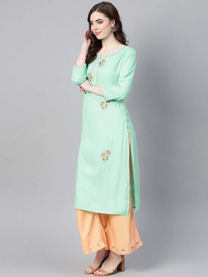 Sea Green & Peach Embroidered Kurta Set-Yufta Store-YUFEKSET677GRS