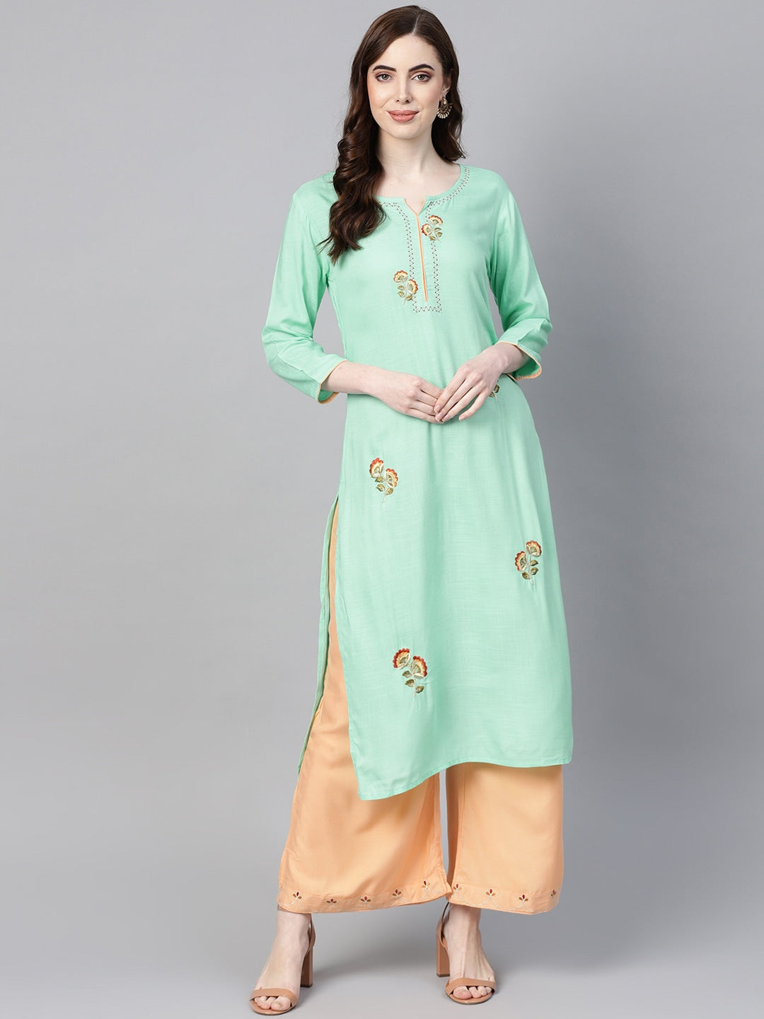 Sea Green & Peach Embroidered Kurta Set-Yufta Store-YUFEKSET677GRS