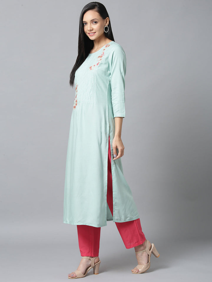 Sea Green & Pink Straight Kurta-Yufta Store-5140KURGRS