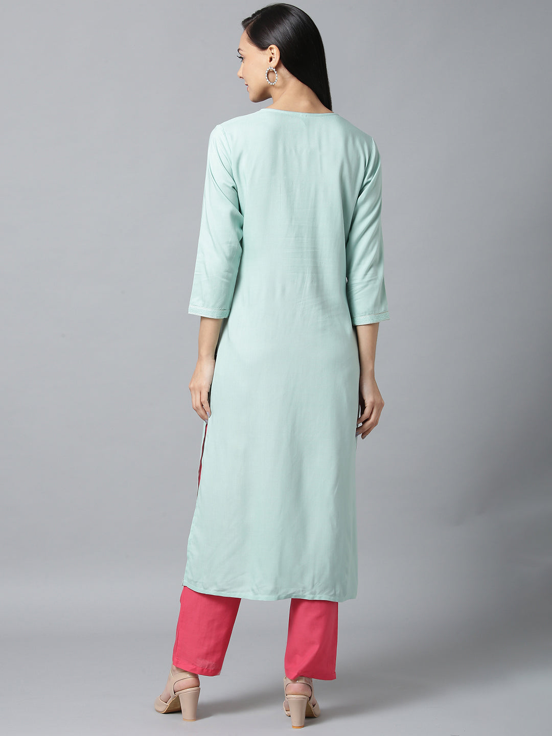 Sea Green & Pink Straight Kurta-Yufta Store-5140KURGRS