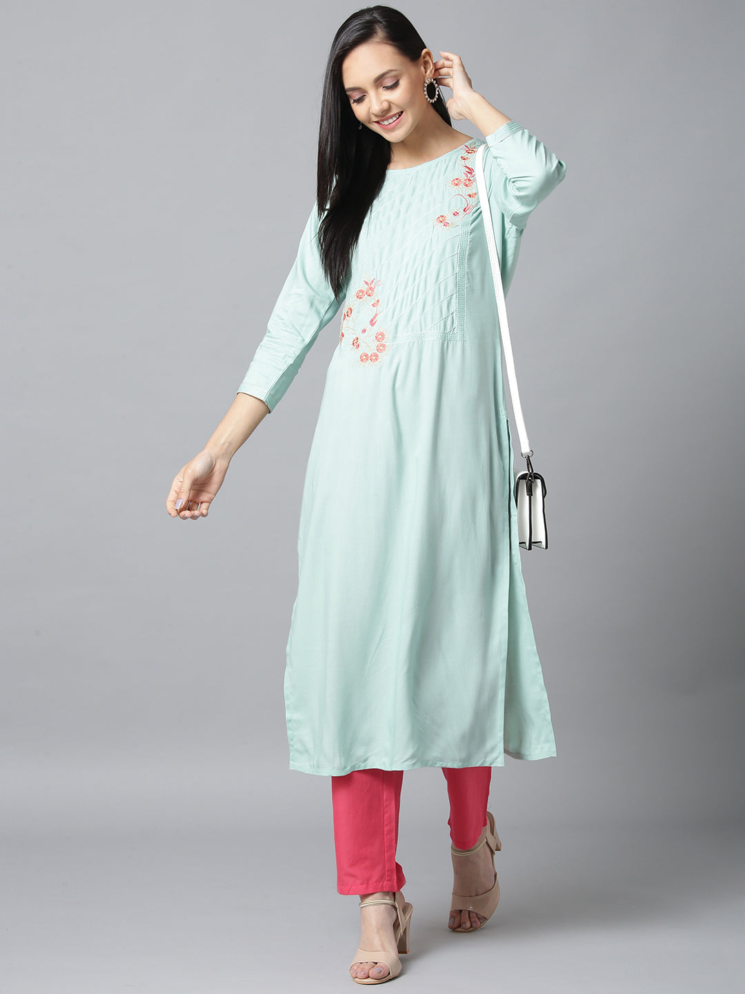 Sea Green & Pink Straight Kurta-Yufta Store-5140KURGRS