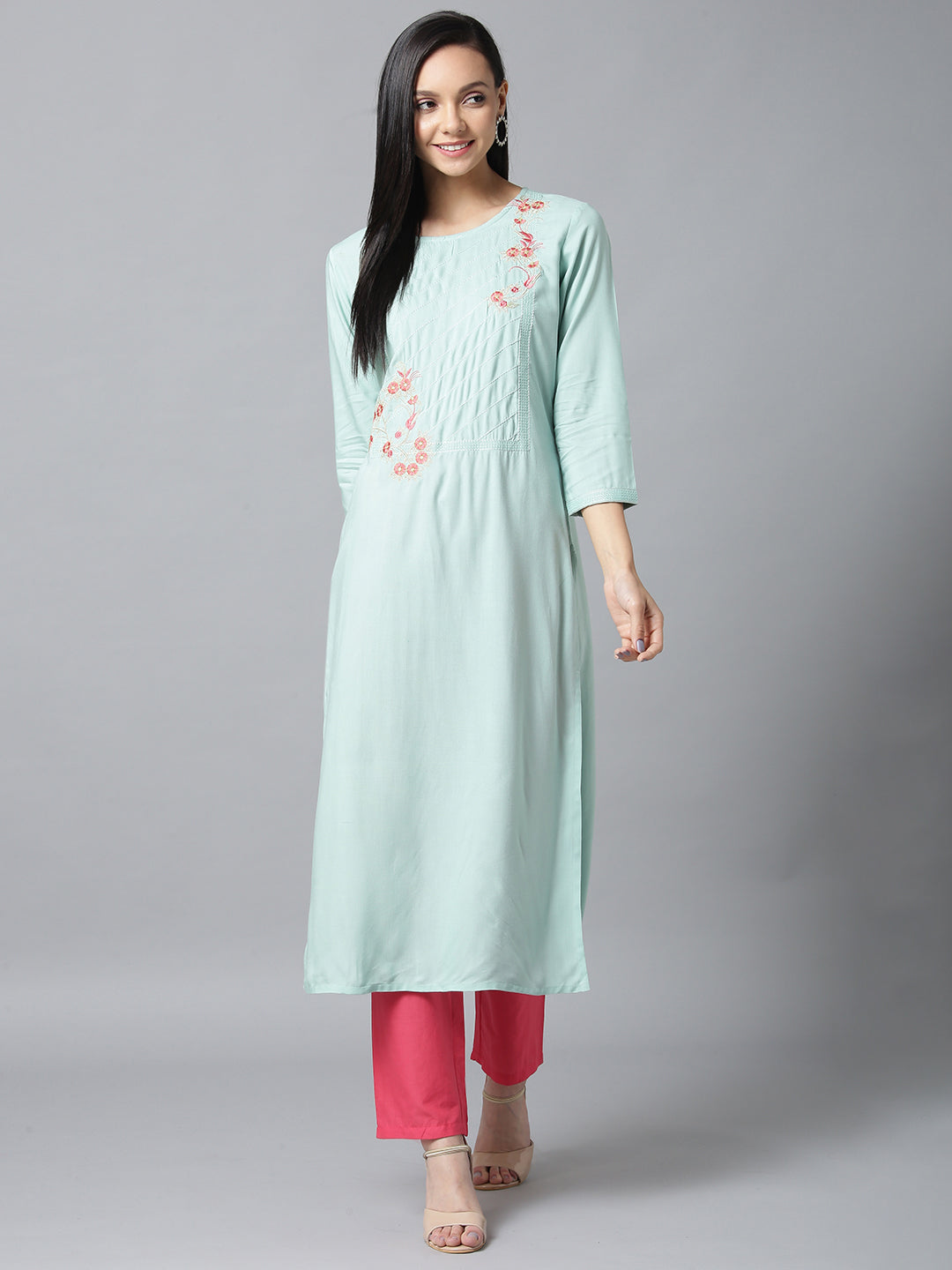 Sea Green & Pink Straight Kurta-Yufta Store-5140KURGRS