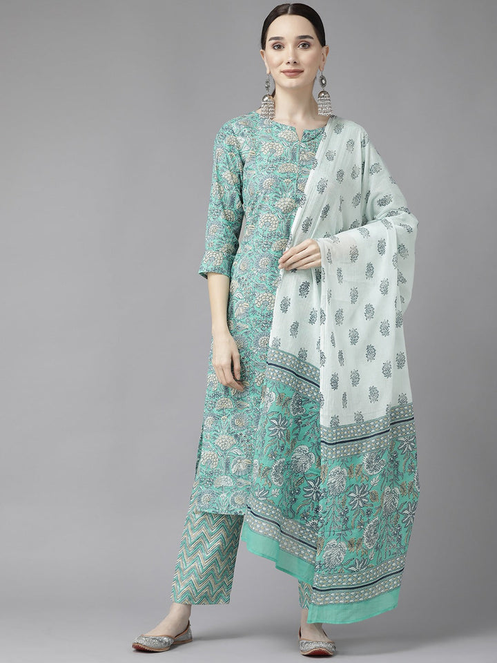 Sea Green Print Cotton Dupatta Set-Yufta Store-9816SKDSGS