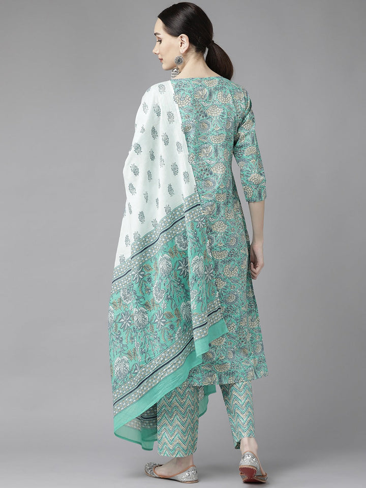 Sea Green Print Cotton Dupatta Set-Yufta Store-9816SKDSGS