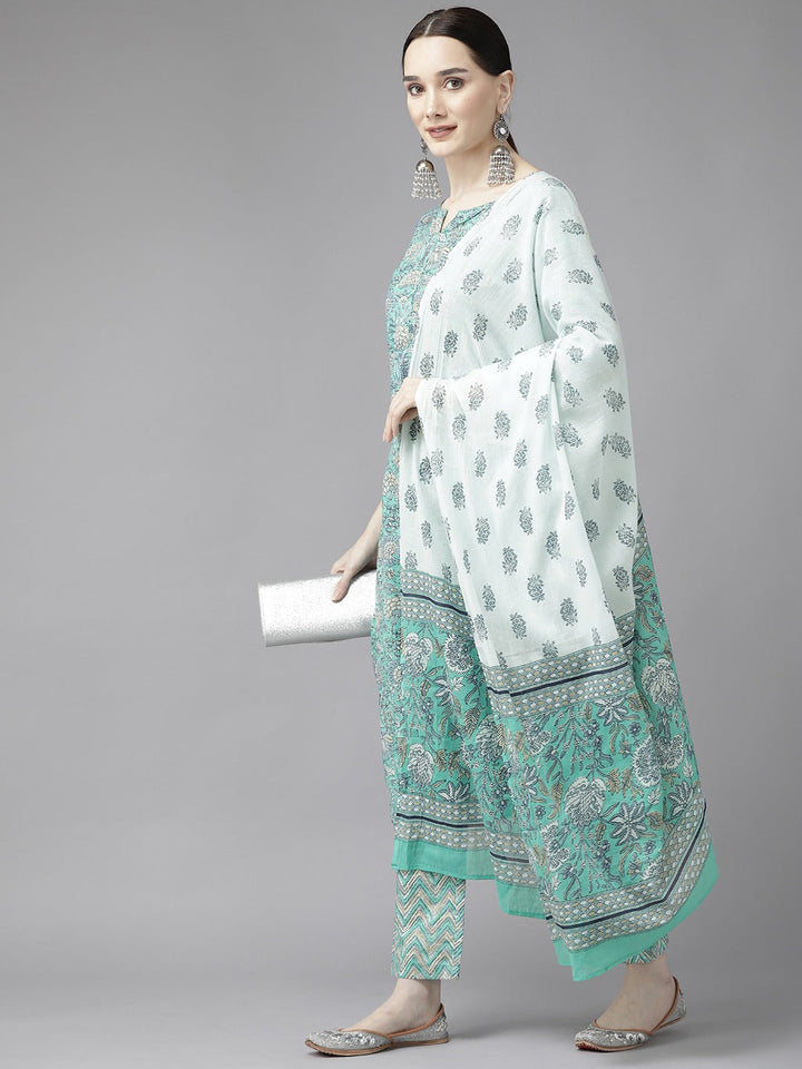 Sea Green Print Cotton Dupatta Set-Yufta Store-9816SKDSGS