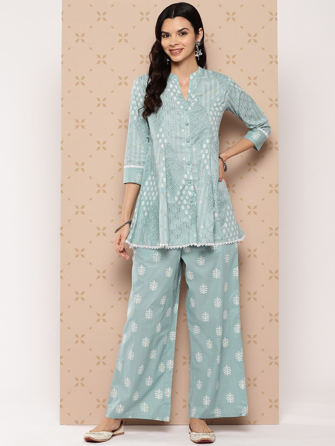 Sea Green Printed A-line Top And Palazzo Co-Ords Set