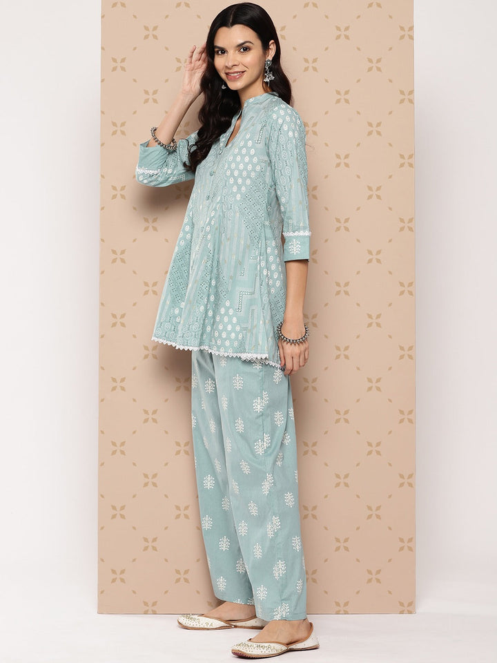 Sea Green Printed A-line Top And Palazzo Co-Ords Set-Yufta Store-1511CRDSGS