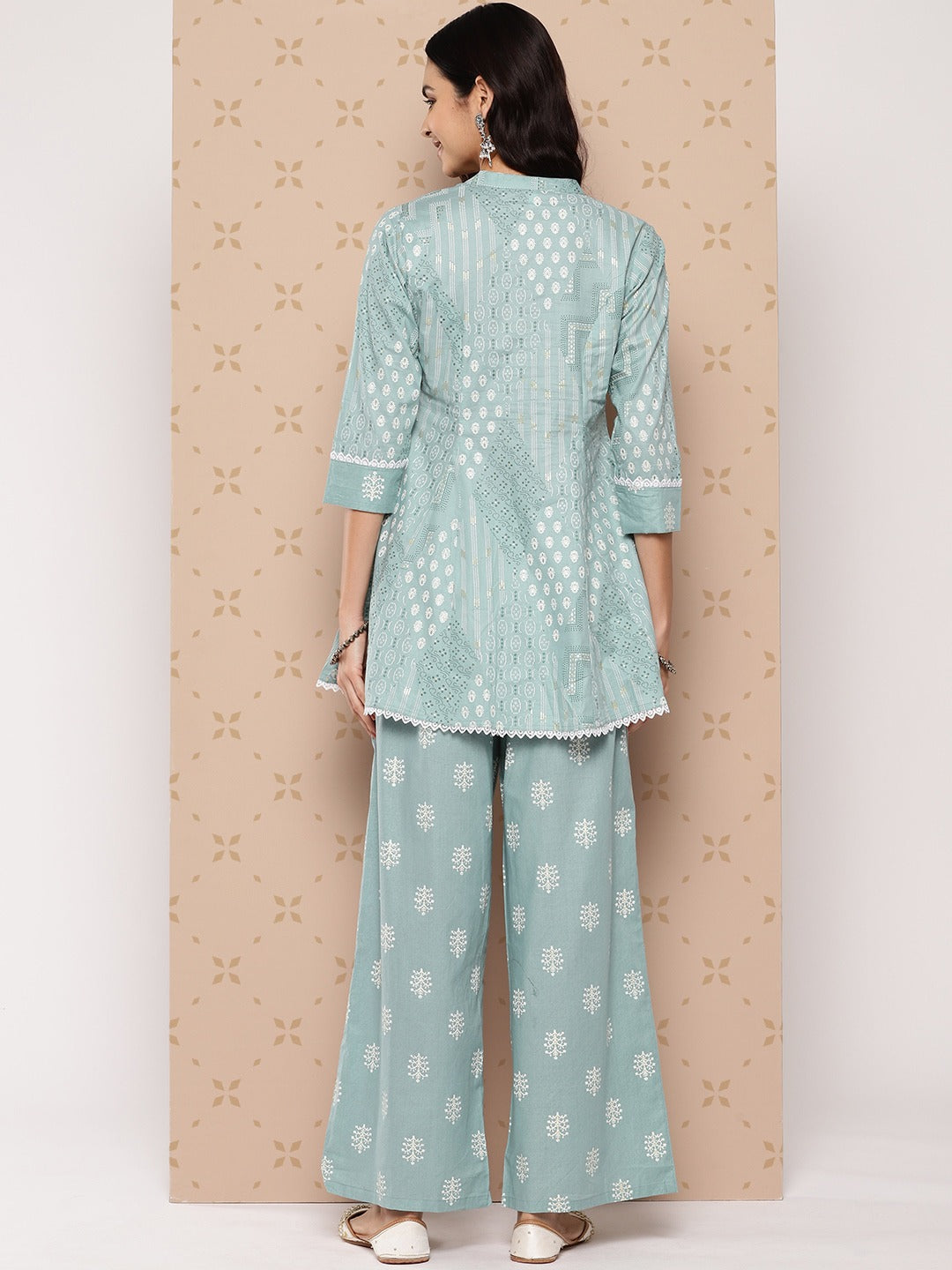 Sea Green Printed A-line Top And Palazzo Co-Ords Set-Yufta Store-1511CRDSGS