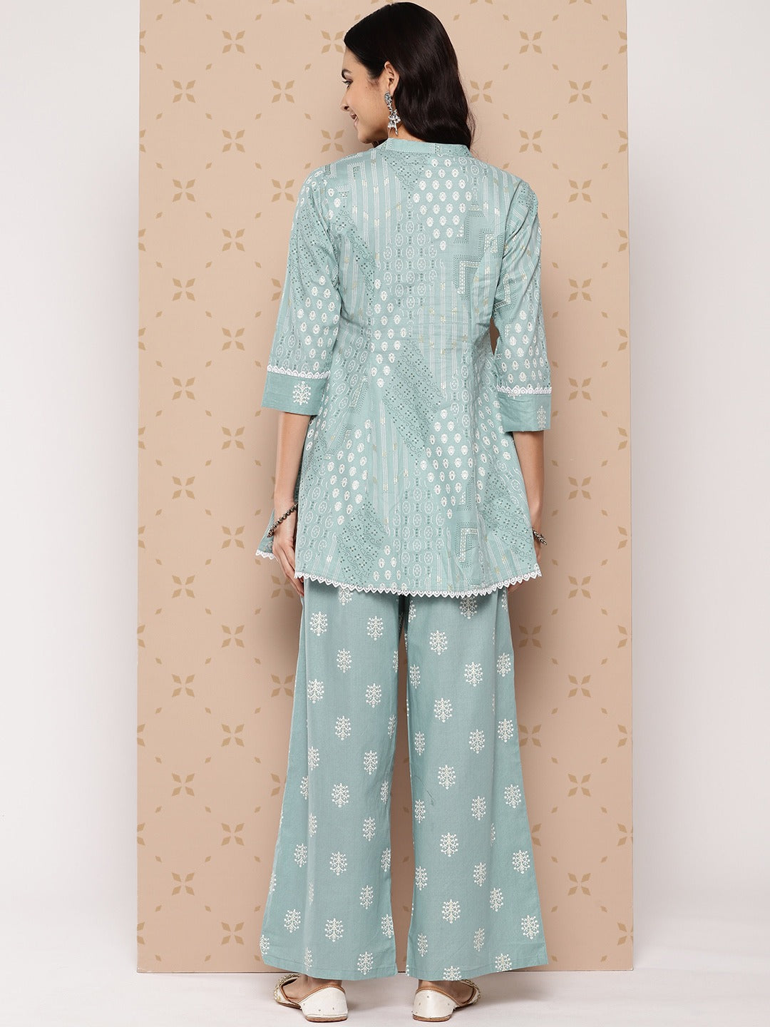 Sea Green Printed A-line Top And Palazzo Co-Ords Set