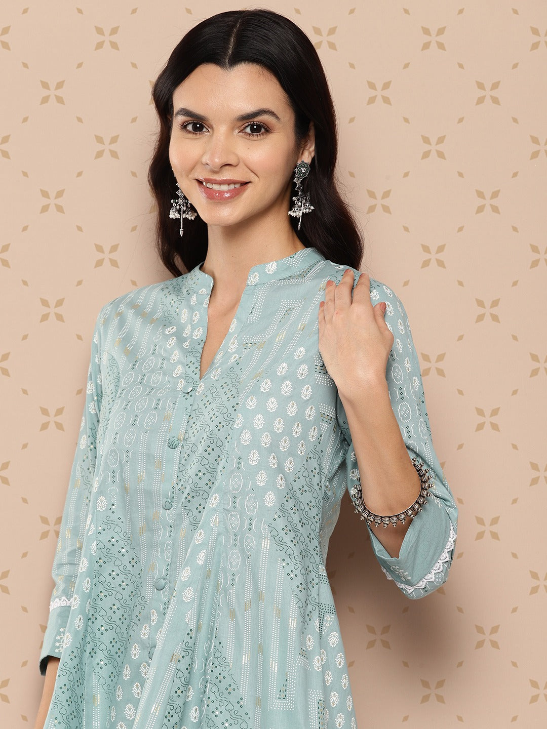 Sea Green Printed A-line Top And Palazzo Co-Ords Set