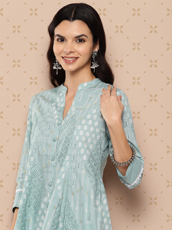 Sea Green Printed A-line Top And Palazzo Co-Ords Set-Yufta Store-1511CRDSGS