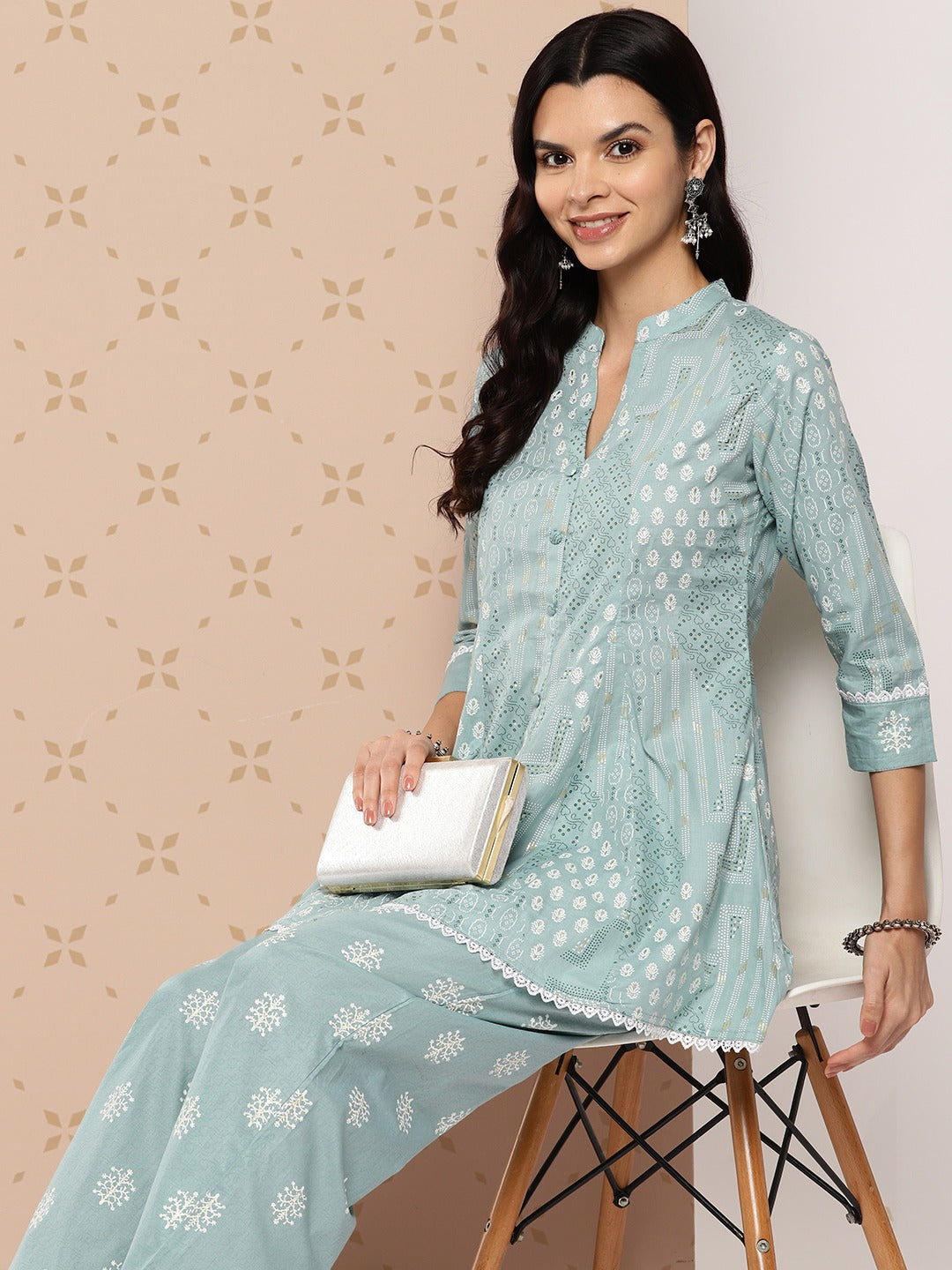 Sea Green Printed A-line Top And Palazzo Co-Ords Set-Yufta Store-1511CRDSGS
