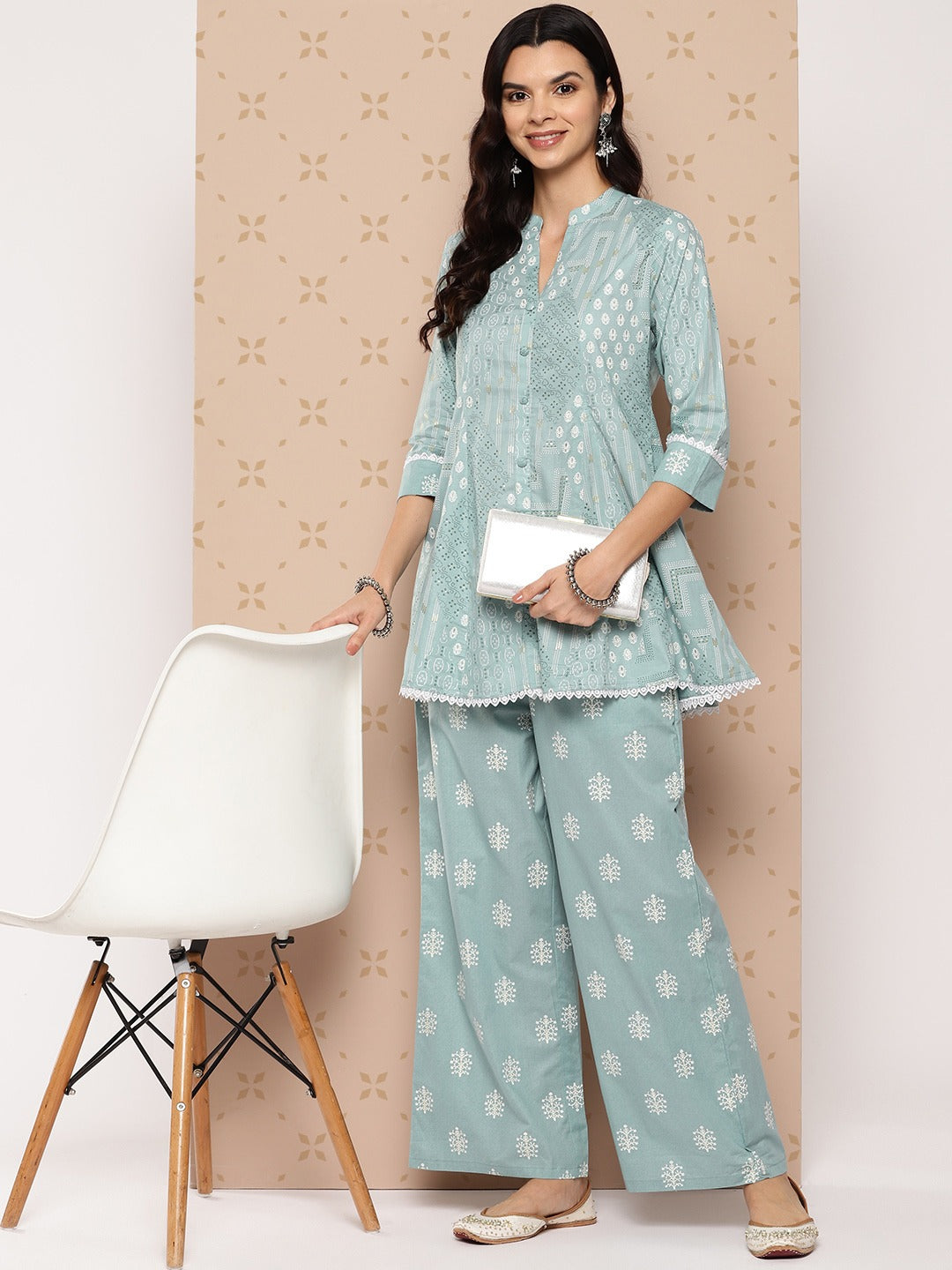 Sea Green Printed A-line Top And Palazzo Co-Ords Set-Yufta Store-1511CRDSGS