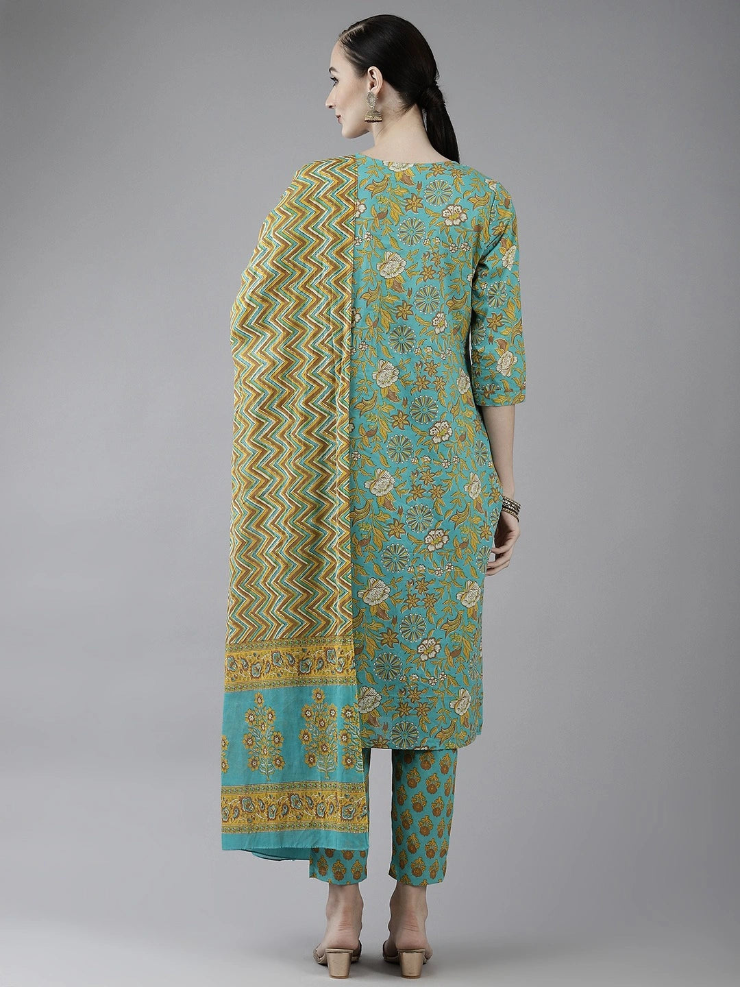 Sea Green Printed Cotton Dupatta Set-Yufta Store-4783SKDSGM