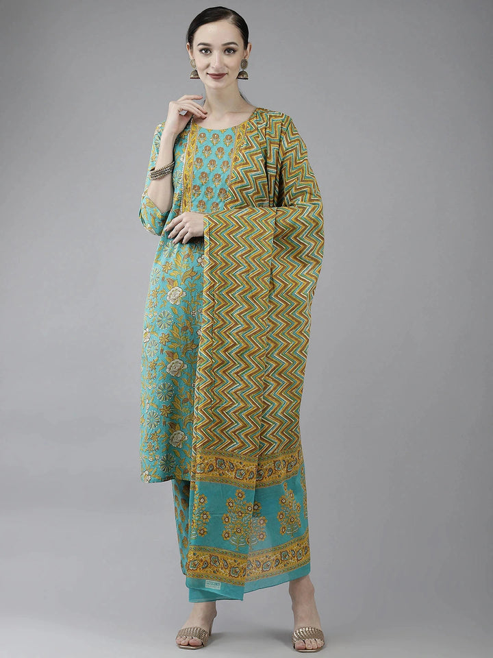 Sea Green Printed Cotton Dupatta Set-Yufta Store-4783SKDSGM