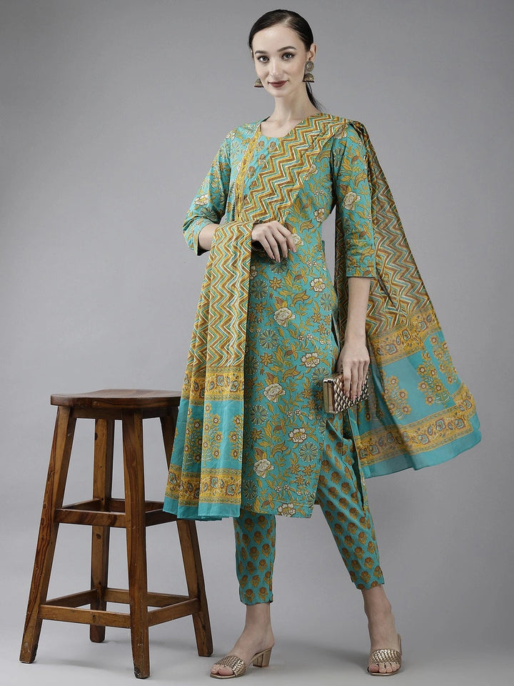 Sea Green Printed Cotton Dupatta Set-Yufta Store-4783SKDSGM