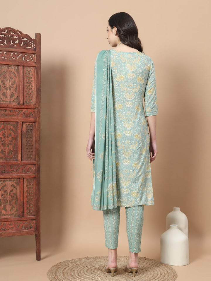 Sea Green Printed Cotton Kurta Dupatta Set-Yufta Store-6813SKDSGS