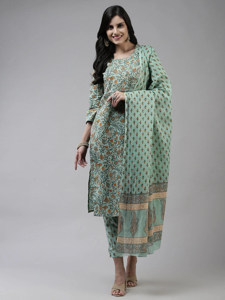 Sea Green Printed Dupatta Set-Yufta Store-4772SKDSGM