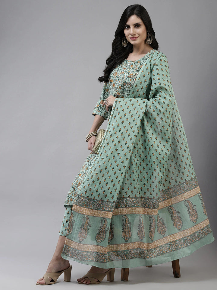 Sea Green Printed Dupatta Set-Yufta Store-4772SKDSGM