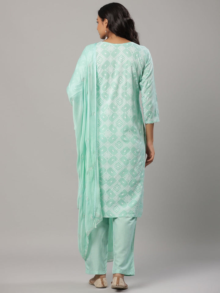 Sea Green Printed Dupatta Set-Yufta Store-6501SKDSGM