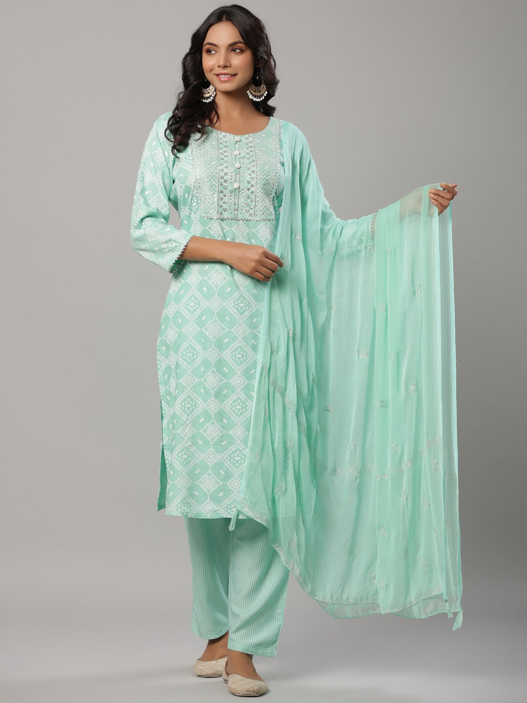 Sea Green Printed Dupatta Set-Yufta Store-6501SKDSGM