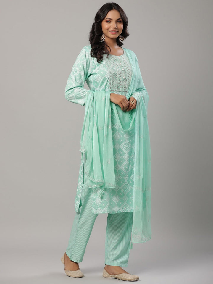 Sea Green Printed Dupatta Set-Yufta Store-6501SKDSGM