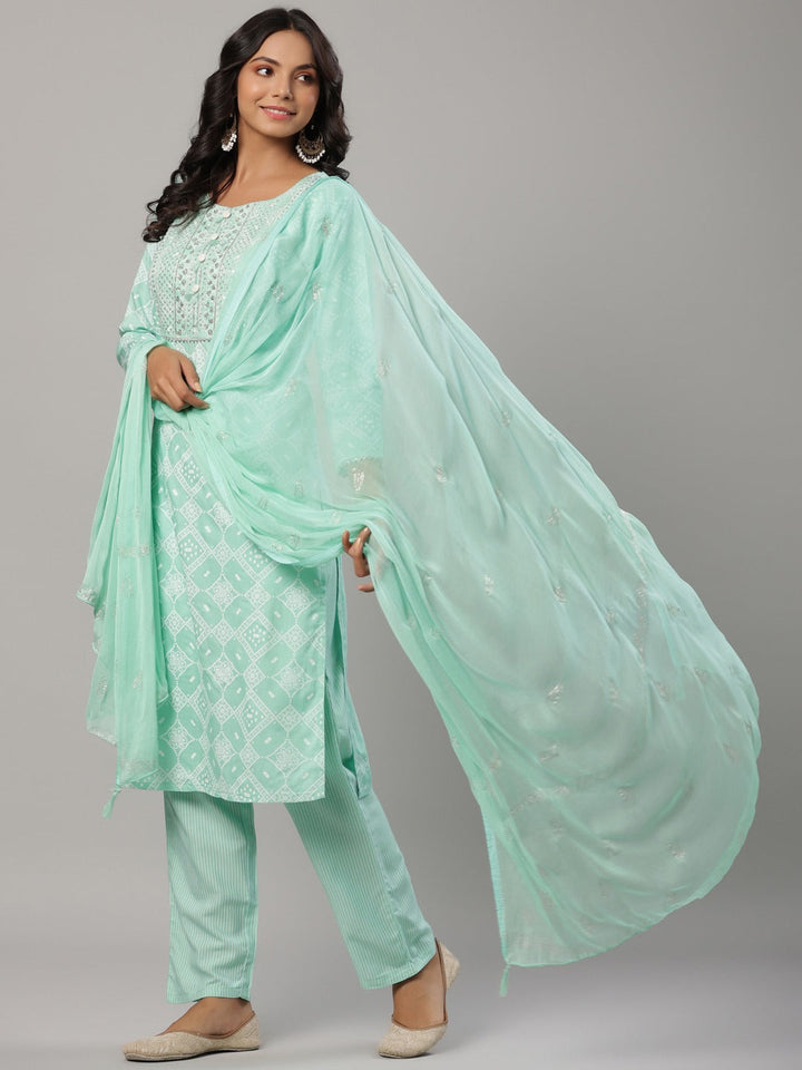 Sea Green Printed Dupatta Set-Yufta Store-6501SKDSGM