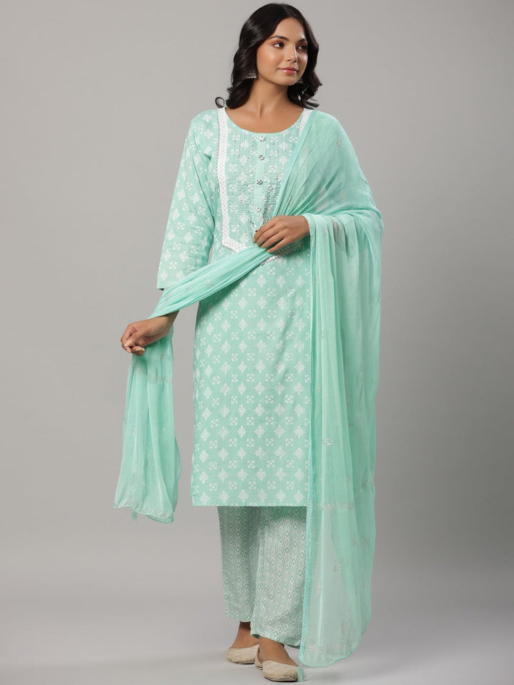 Sea Green Printed Dupatta Set-Yufta Store-6502SKDSGM