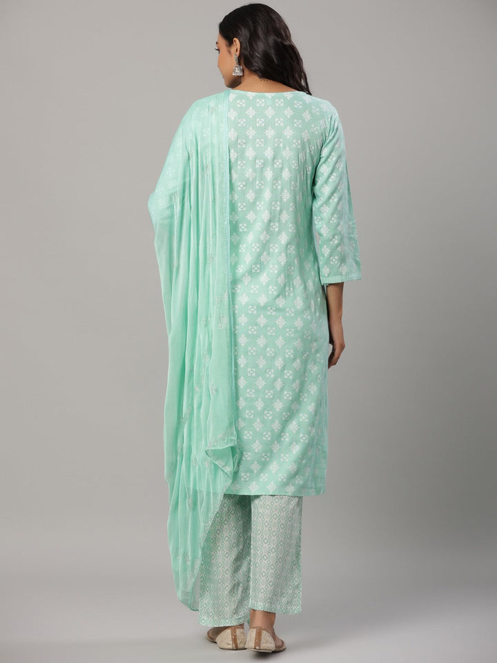 Sea Green Printed Dupatta Set-Yufta Store-6502SKDSGM