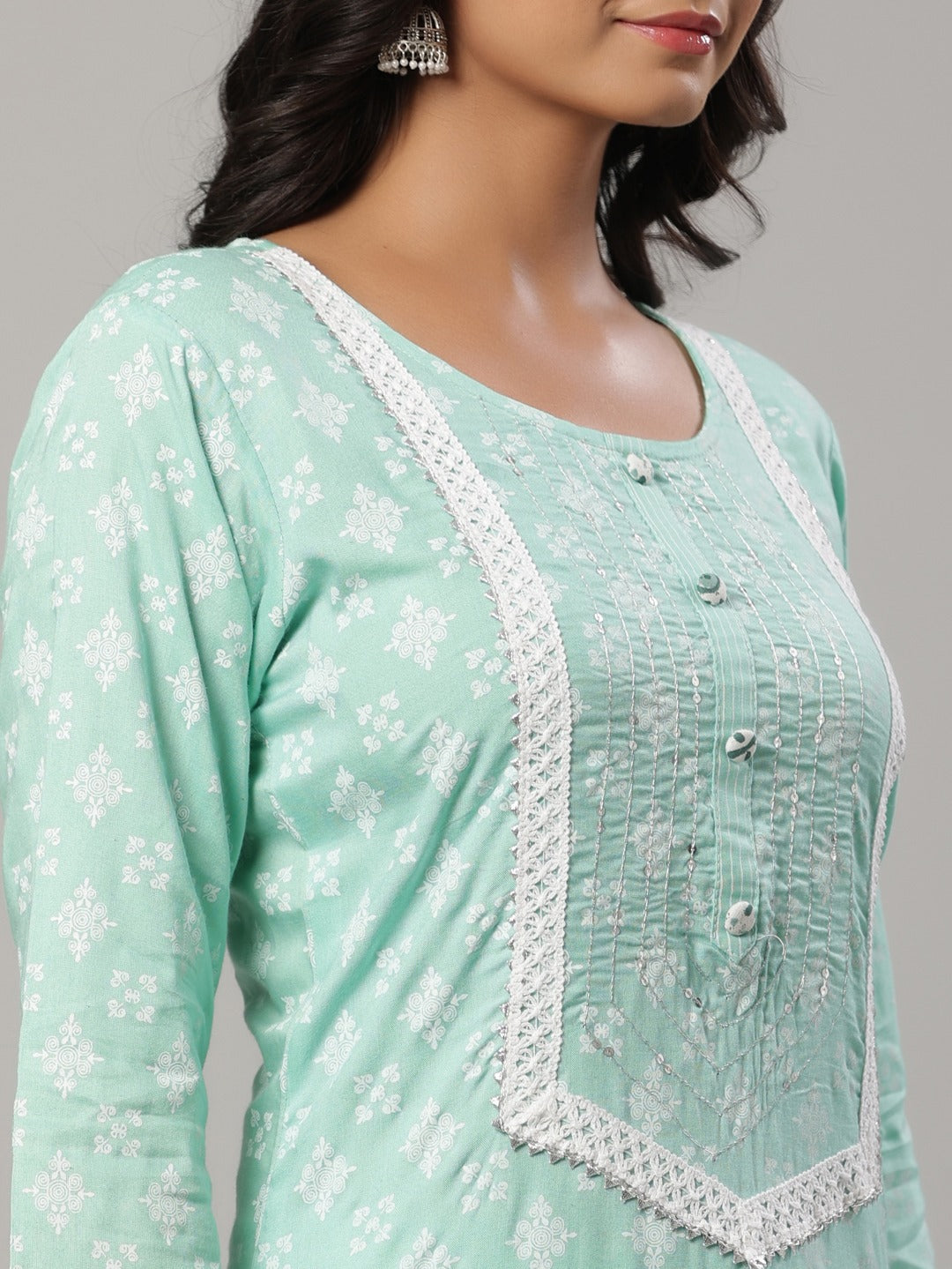 Sea Green Printed Dupatta Set-Yufta Store-6502SKDSGM