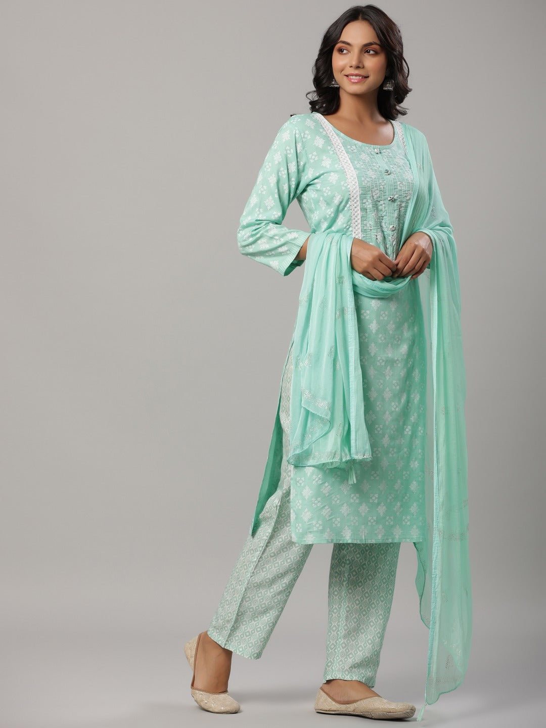 Sea Green Printed Dupatta Set-Yufta Store-6502SKDSGM