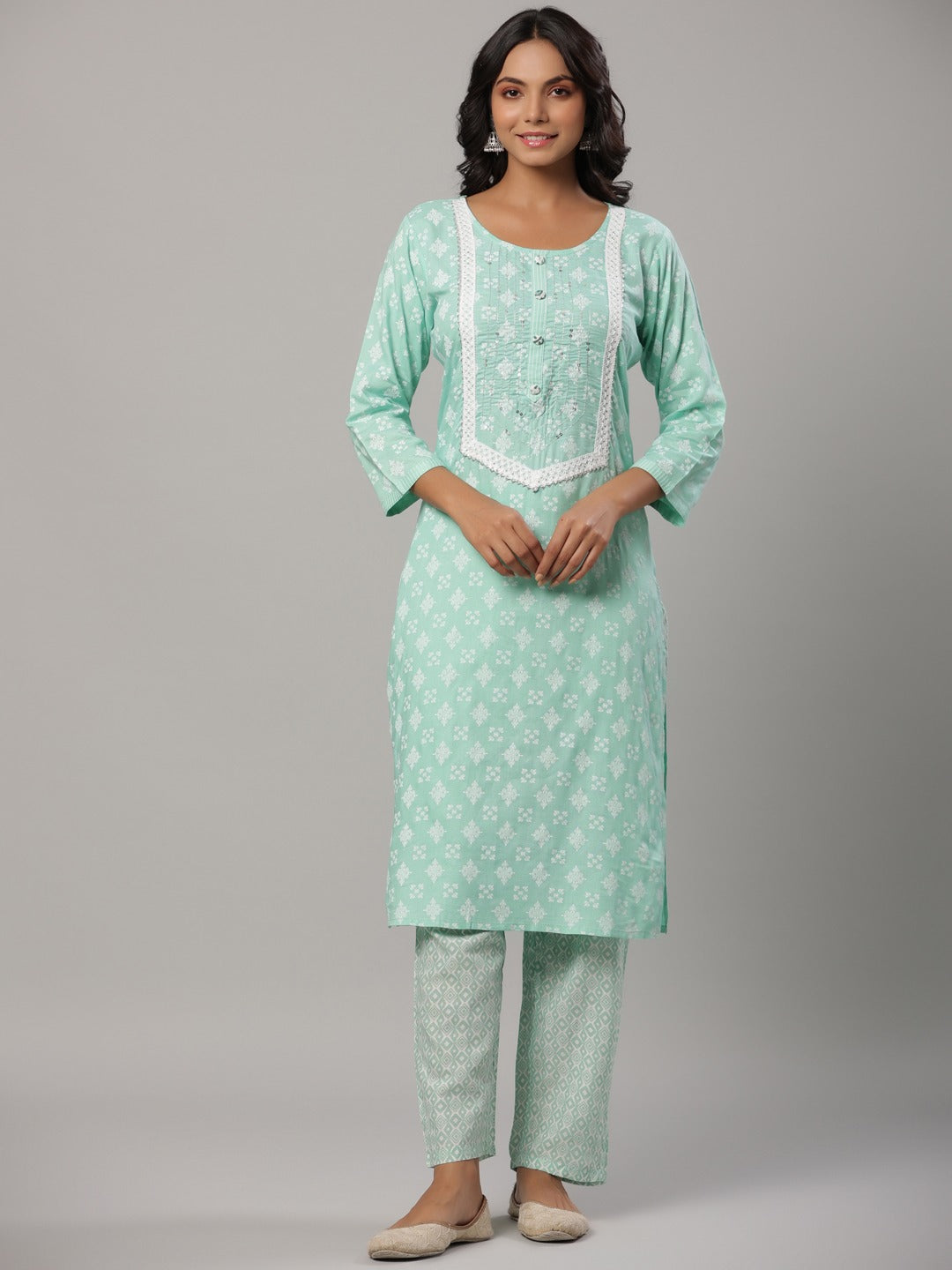 Sea Green Printed Dupatta Set-Yufta Store-6502SKDSGM