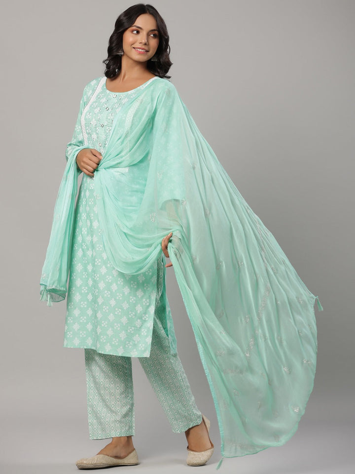 Sea Green Printed Dupatta Set-Yufta Store-6502SKDSGM