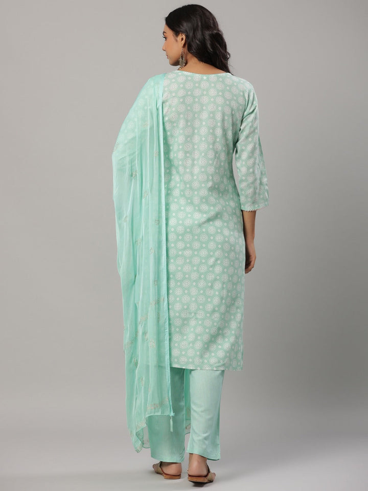 Sea Green Printed Dupatta Set-Yufta Store-6505SKDSGM