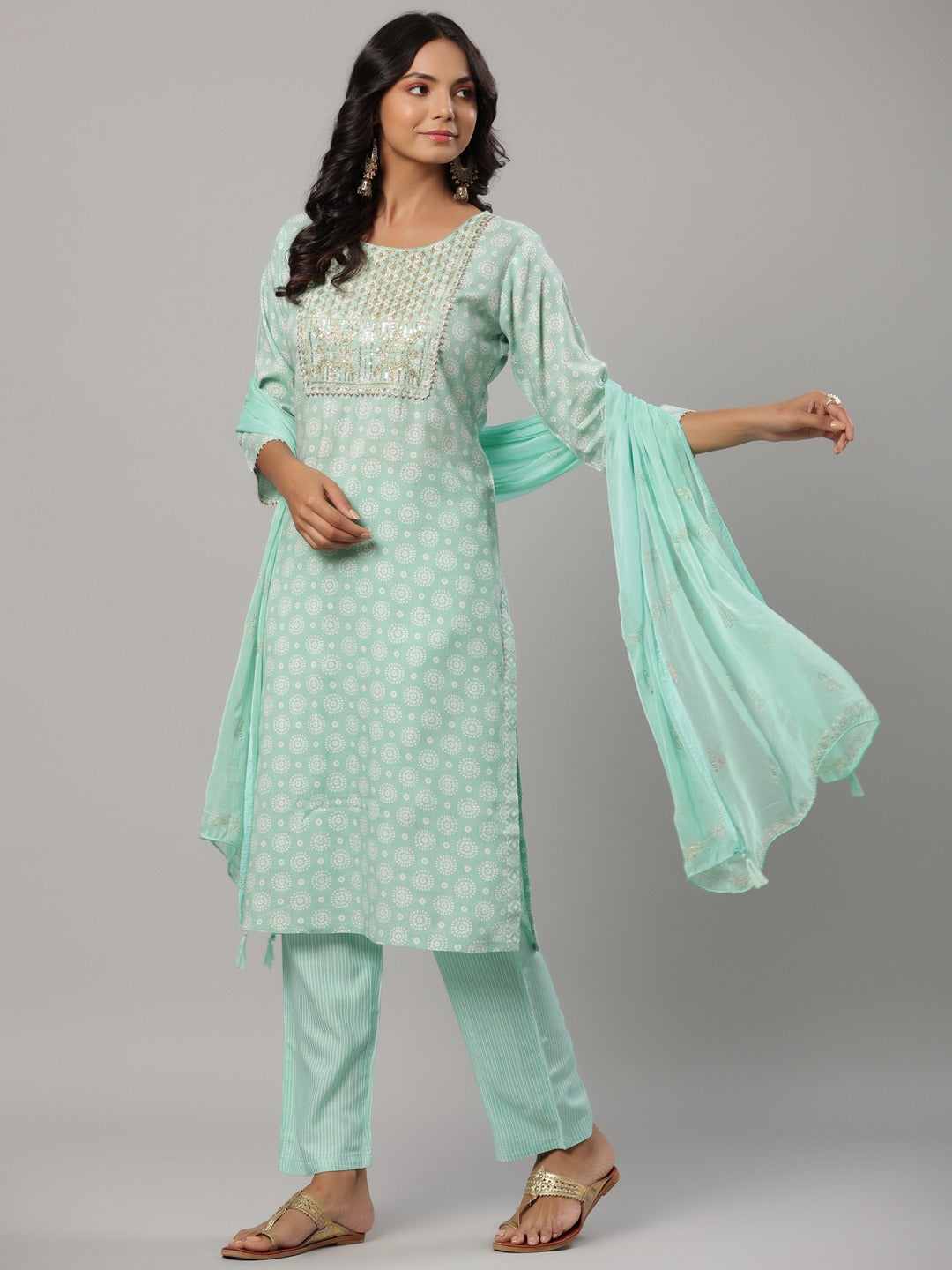 Sea Green Printed Dupatta Set-Yufta Store-6505SKDSGM