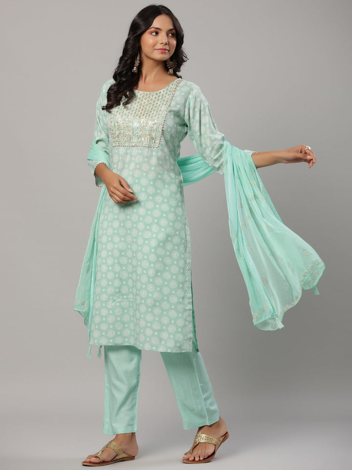 Sea Green Printed Dupatta Set-Yufta Store-6505SKDSGM