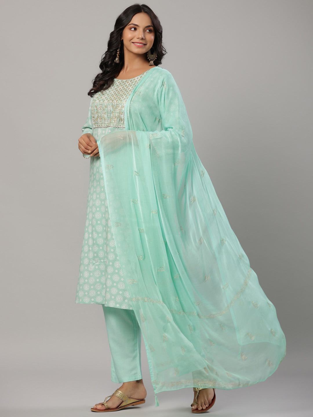 Sea Green Printed Dupatta Set-Yufta Store-6505SKDSGM