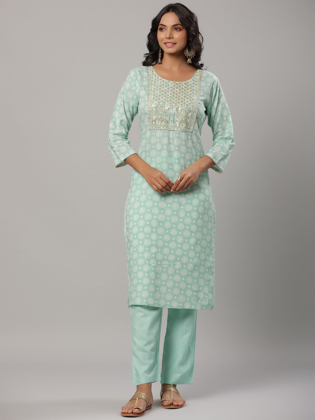 Sea Green Printed Dupatta Set-Yufta Store-6505SKDSGM