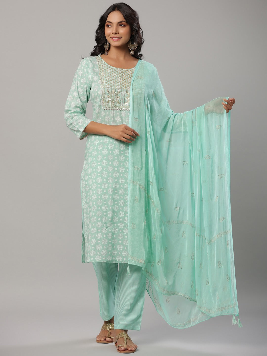 Sea Green Printed Dupatta Set-Yufta Store-6505SKDSGM