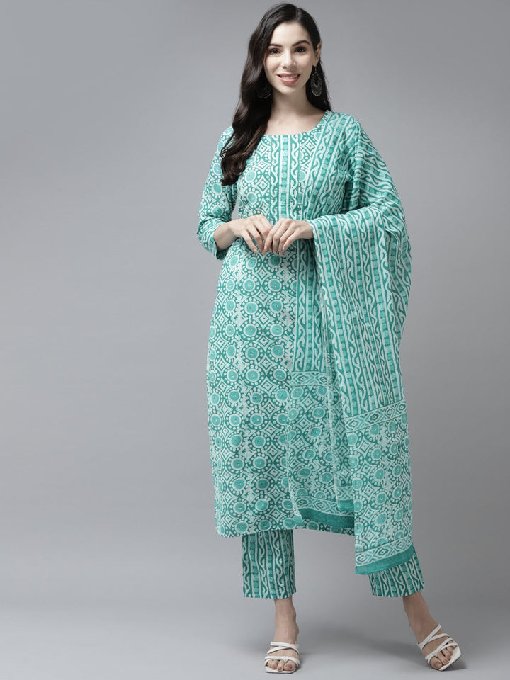 Sea Green Printed Dupatta Set-Yufta Store-9716SKDSGS