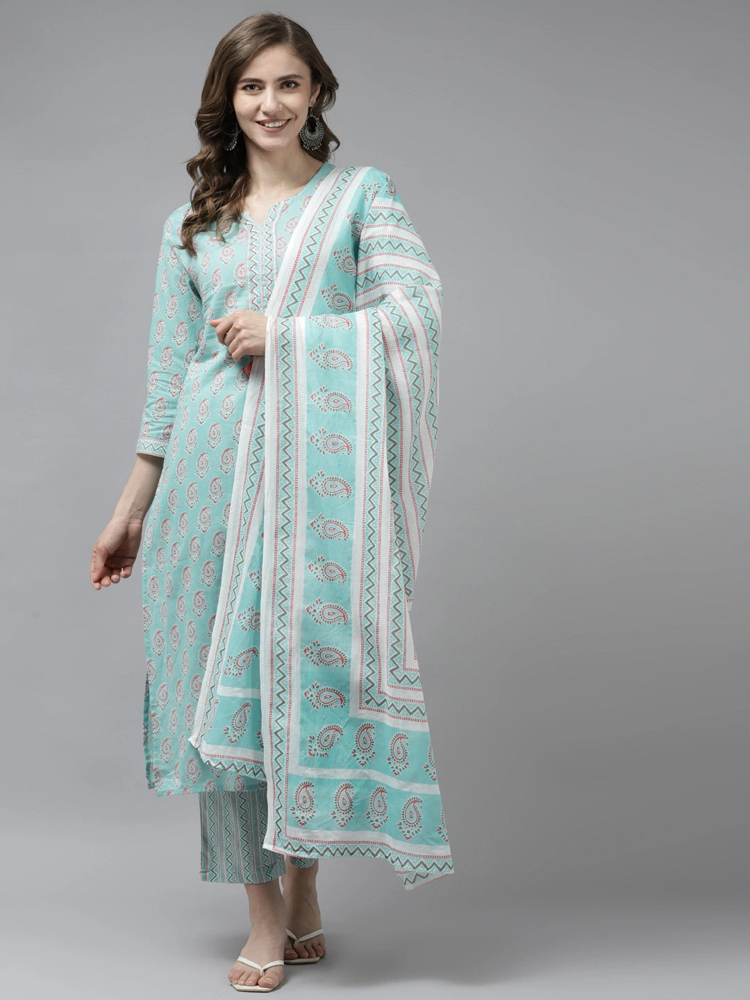 Sea Green Printed Dupatta Set-Yufta Store-9756SKDSGS