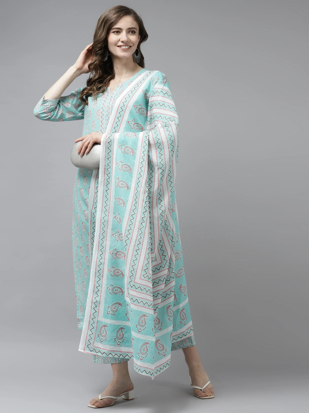 Sea Green Printed Dupatta Set-Yufta Store-9756SKDSGS