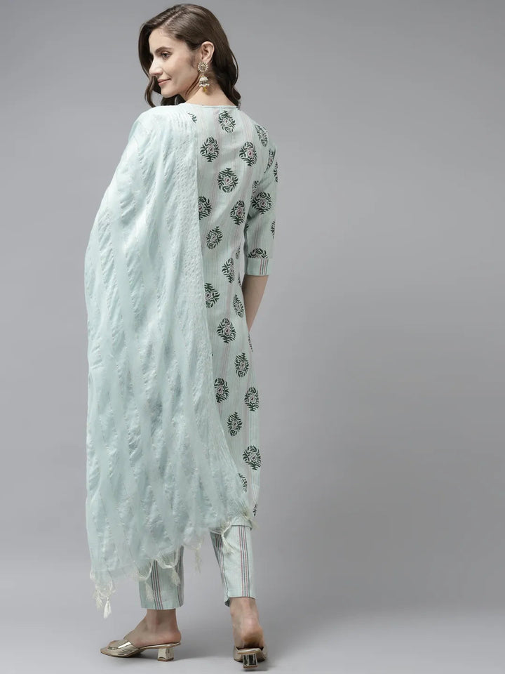 Sea Green Printed Dupatta Set-Yufta Store-9934SKDSGS