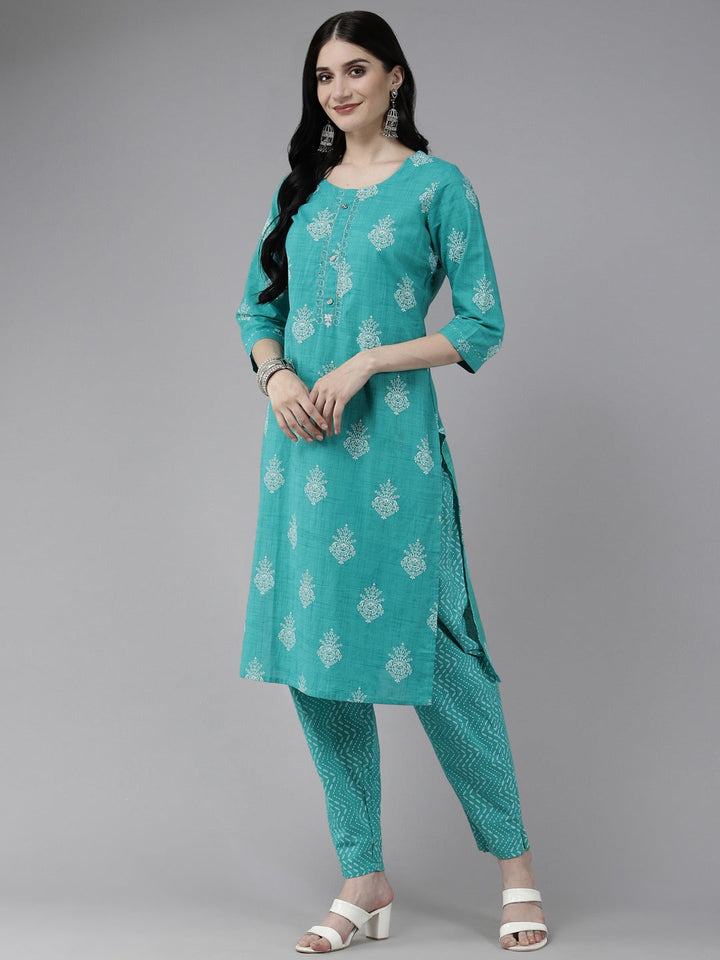 Sea Green Printed Kurta Set-Yufta Store-4767SETSGM