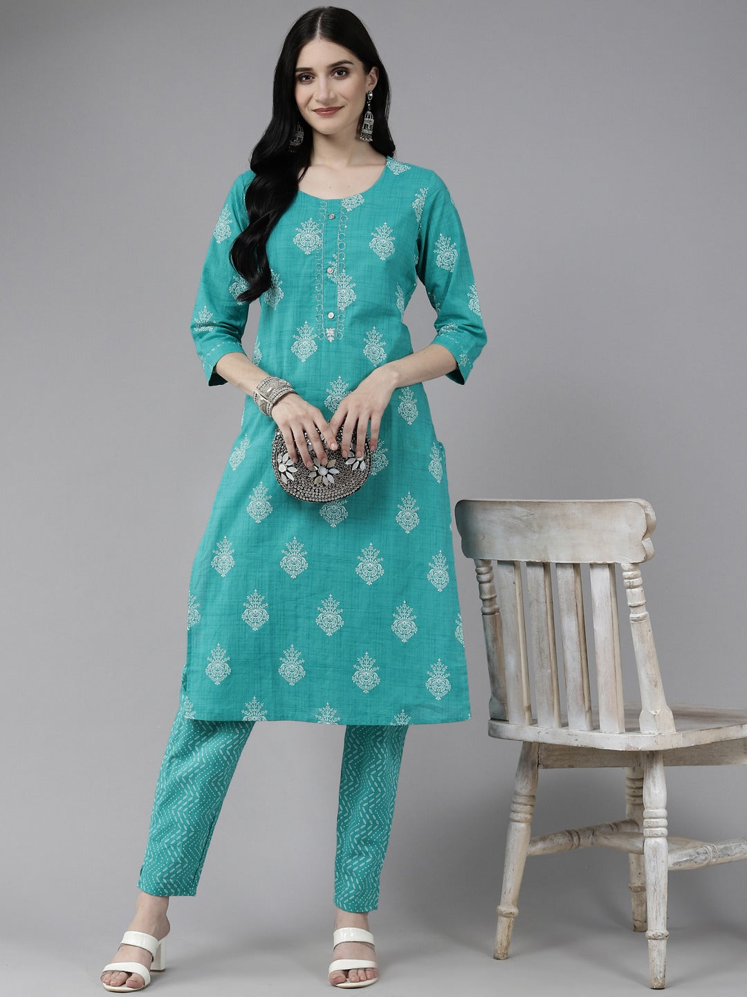 Sea Green Printed Kurta Set-Yufta Store-4767SETSGM